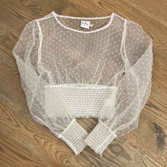 EUC [Princess Polly] Ivory Long Sleeve + Sheer Blouse | Cream Polka Dot Top | 8 - Picture 3 of 11